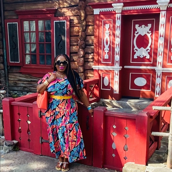 Brand New! Tiffany and Grey Multi-Colored Leaf Print Short Sleeve Dress Sz Med - Picture 4 of 9